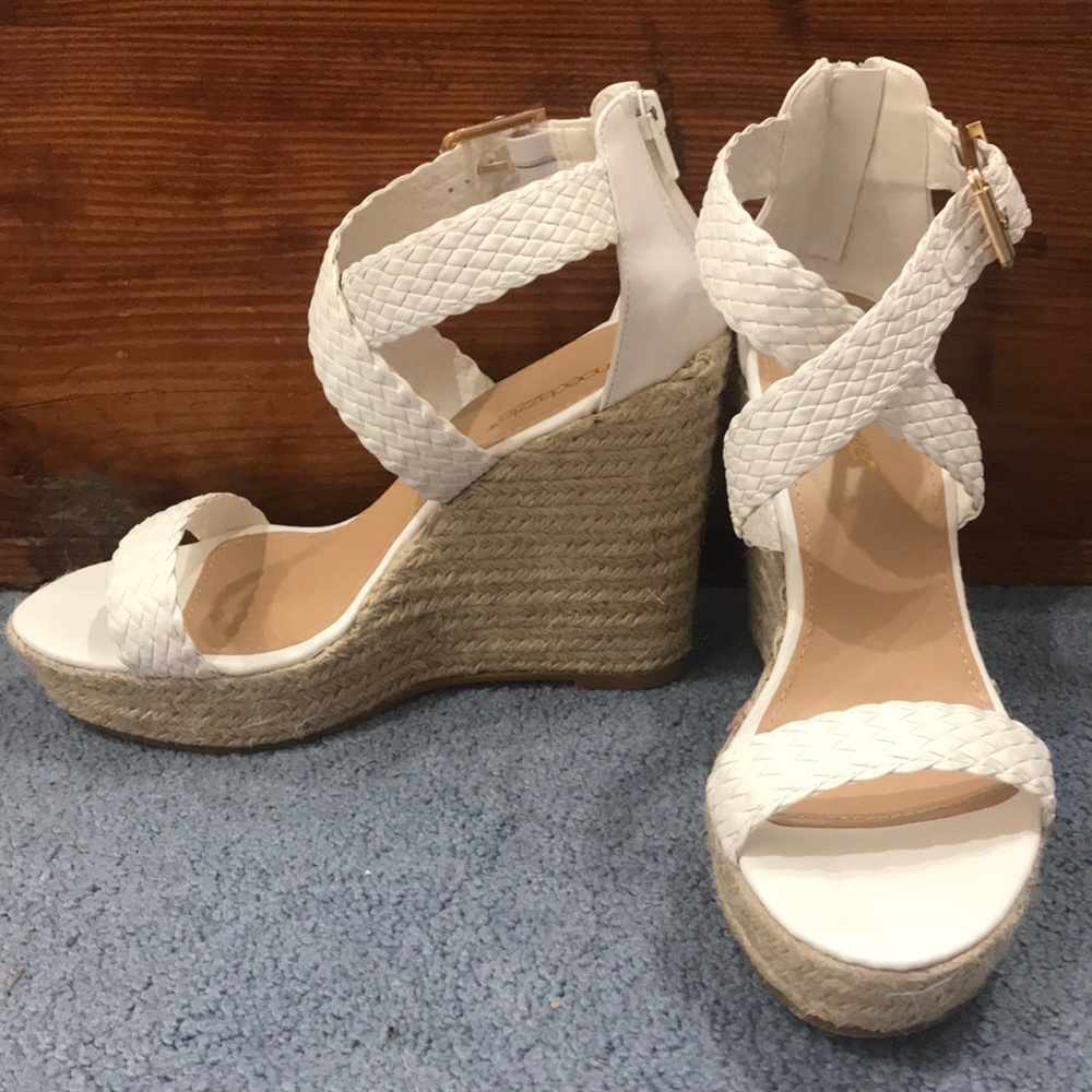 White Faux Leather Sandal Strap Wedges Size 8